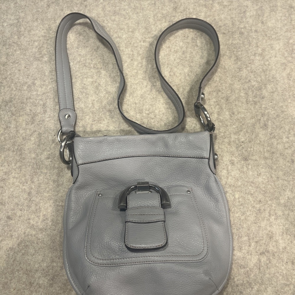 B. Makowsky Light Gray Leather Crossbody With Animal Print Lining Gorgeous